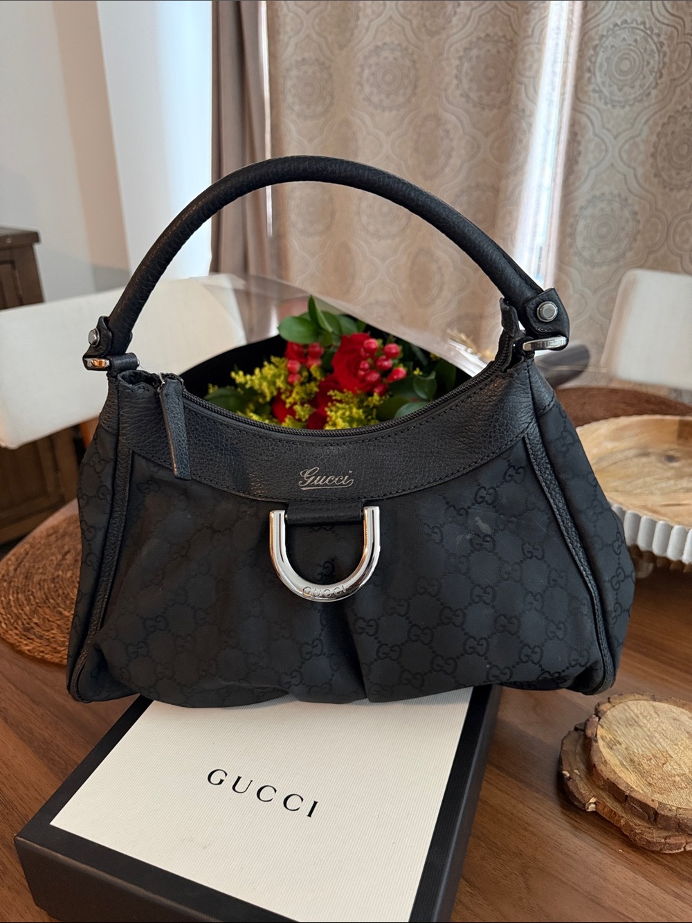 Gucci Black Canvas “Abbey”Monogram D-Ring Shoulder Bag (Medium) Vintage